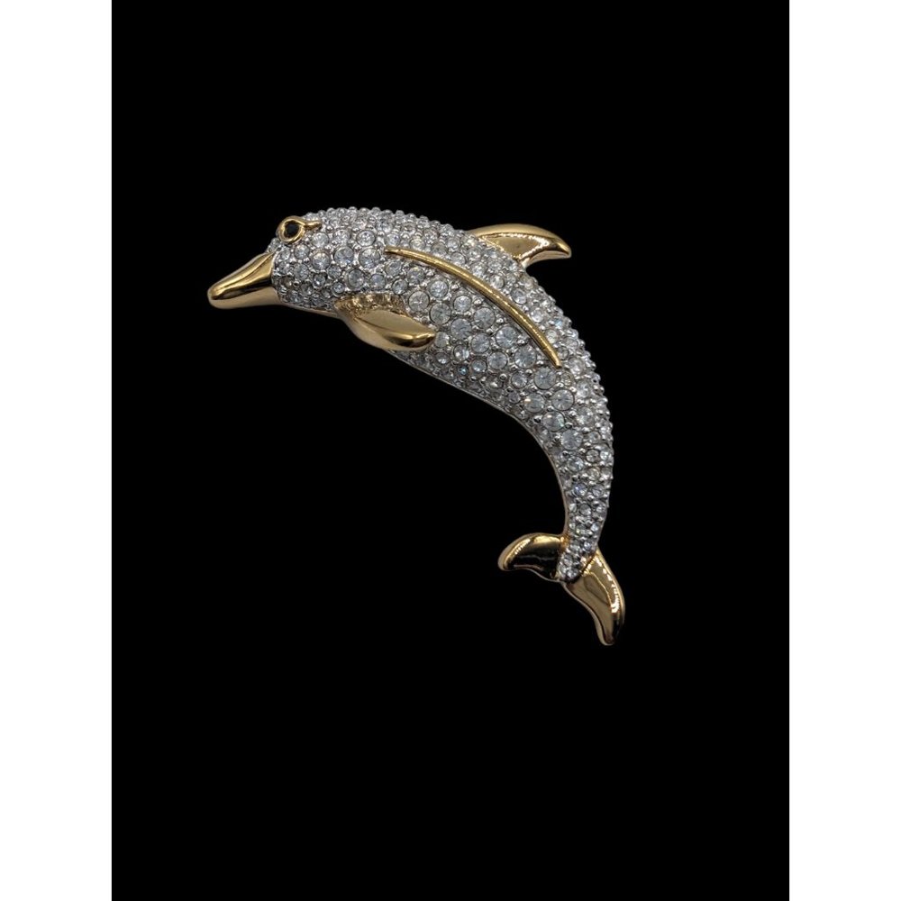 Swarovski Gold Tone Clear Crystals Gemstone Decorated Dolphin Brooch Pin - Picture 8 of 9